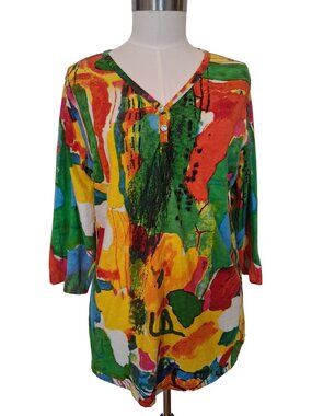 Orientique Naturally Australian Women's V-Neck 3/4 Sleeve Abstract T-Shirt Large